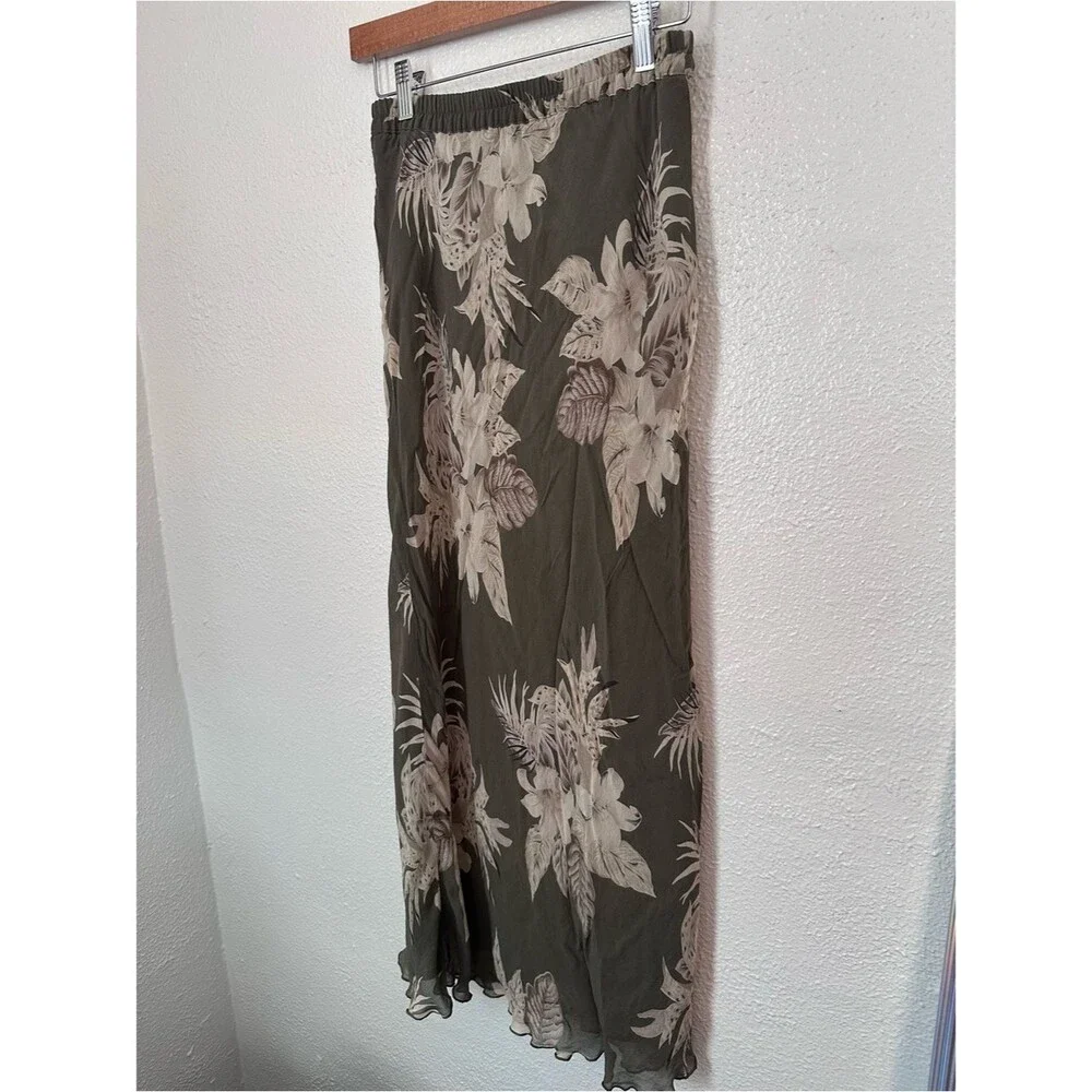 100% Silk Green Floral Boho Vintage 90s Y2K Maxi Skirt Feather Small Summer